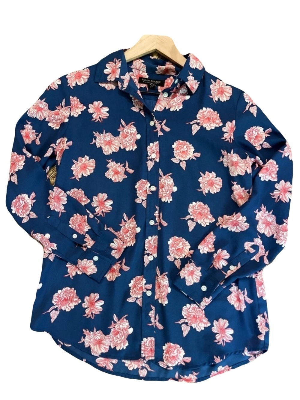 Banana Republic Navy Pink Floral Button-Up Blouse Long Sleeve Office Cottagecore